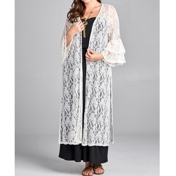 Plus Boho Lace Long Cardigan Duster Maxi Tunic Top - Picture 4 of 6